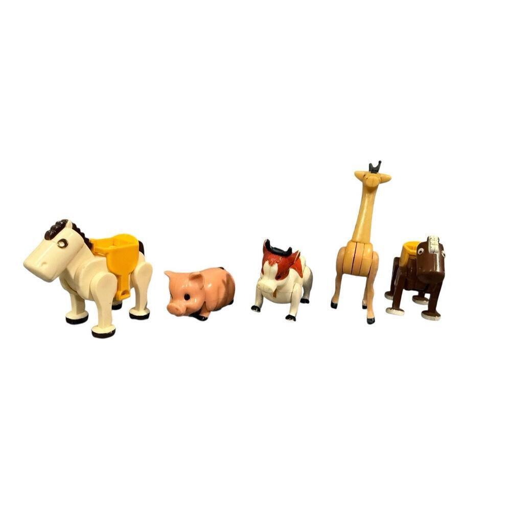 VTG Fisher Price Farm Animals Giraffe Cow Horse Pig 5 Pieces Hong Kong Lot Toy